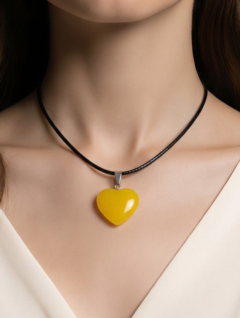 Yellow Butterscotch Heart Pendant Necklace Adjustable Wax Cord Rock Crystal